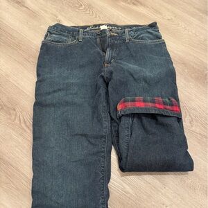 Eddie Bauer 2010s Dark Blue Jeans with Red Plaid Flannel Lining